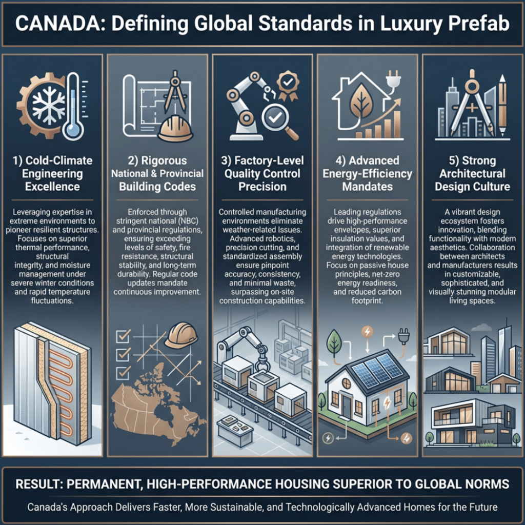 Infographic explaining why luxury Canadian prefab homes lead globally, highlighting cold-climate engineering, strict building codes, factory quality control, and energy-efficient standards