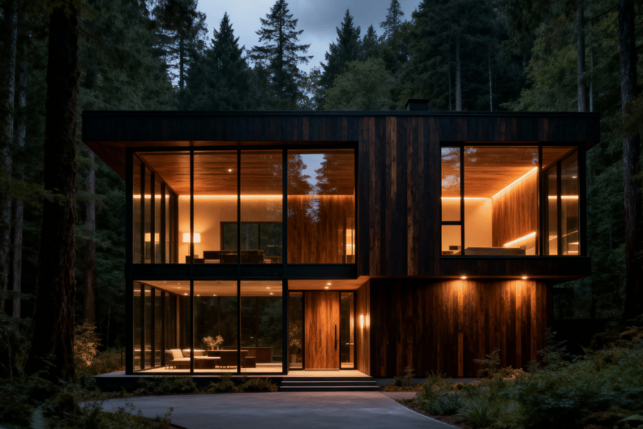 Modern Canadian prefab home exterior with clean lines, large windows, and energy-efficient factory-built design