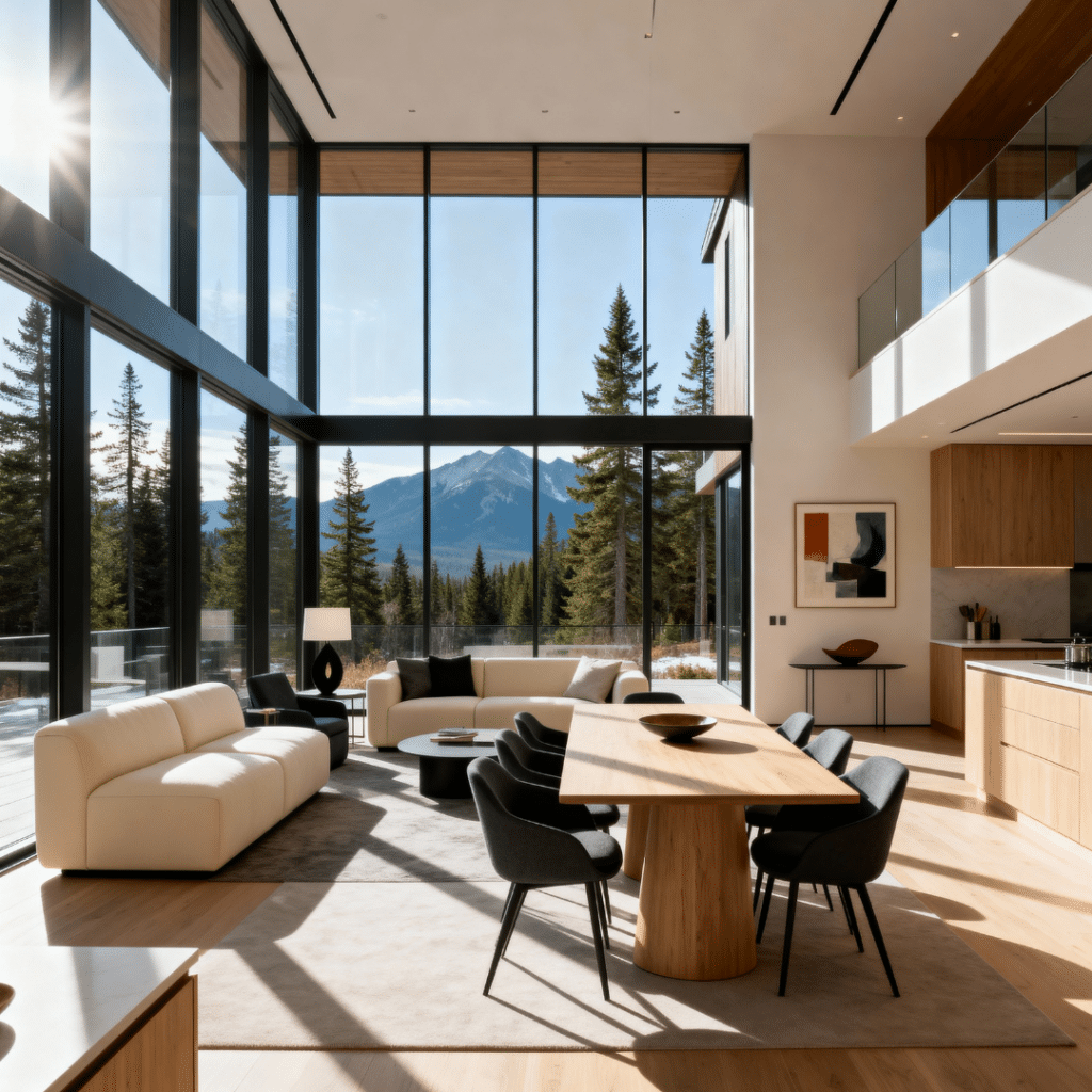 Open-concept interior of a modern Canadian prefab home with natural light, efficient layout, and contemporary finishes