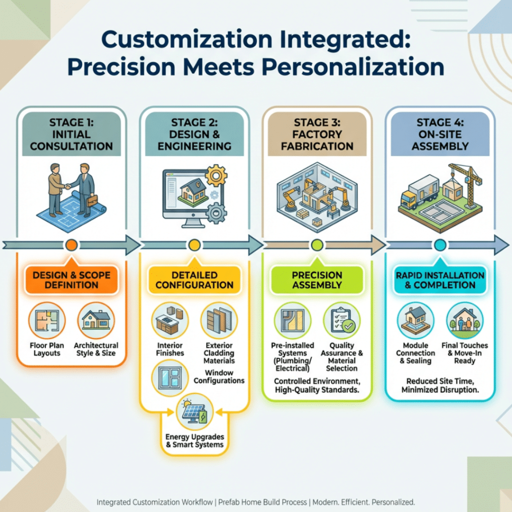 Customization options and build process for modern Canadian prefab homes, showing design choices integrated into factory construction and on-site assembly