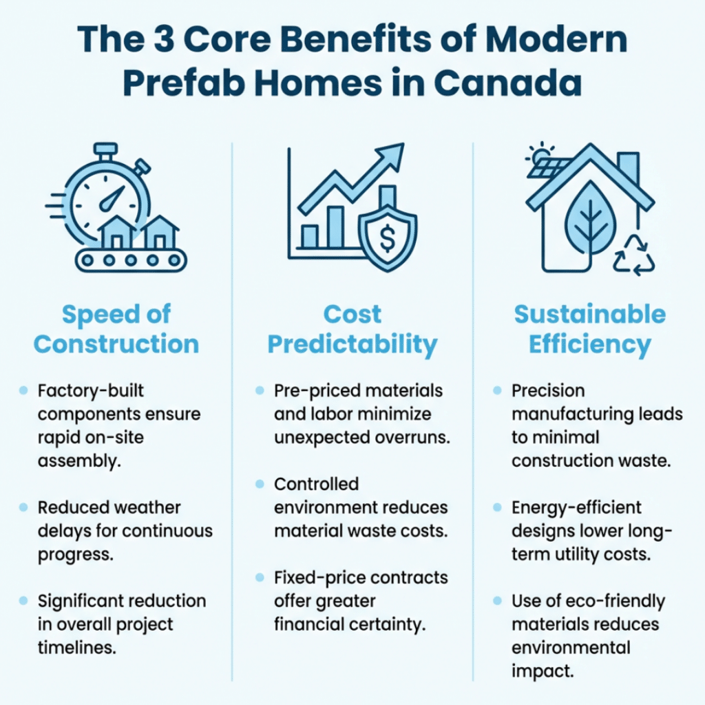Three core benefits of modern Canadian prefab homes, including faster build times, predictable pricing, and climate-ready modern design