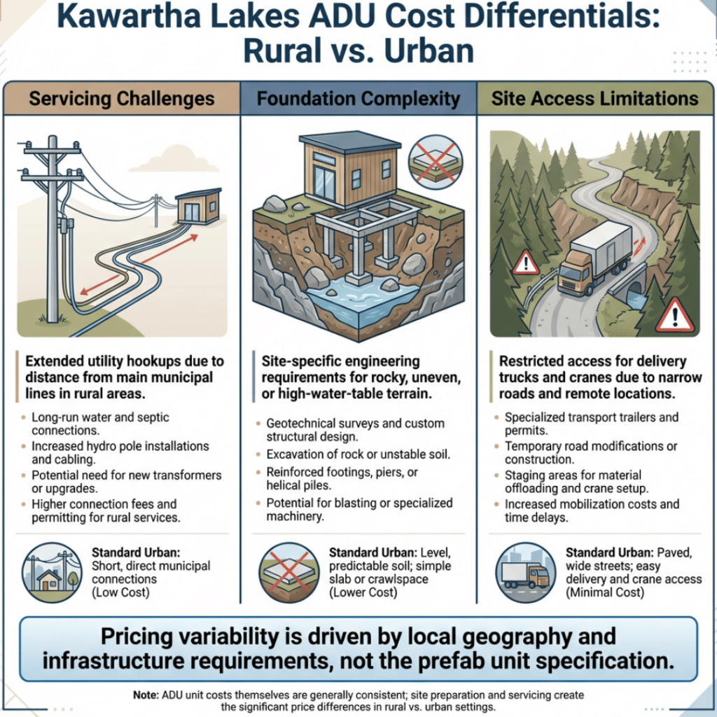 Prefab ADU cost factors Kawartha Lakes showing how servicing, foundation requirements, and site access affect pricing on rural properties