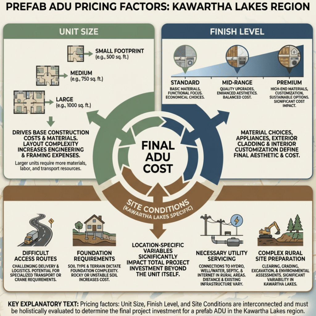 Prefab ADU prices Kawartha Lakes infographic showing how size, finish level, and site conditions affect total project cost