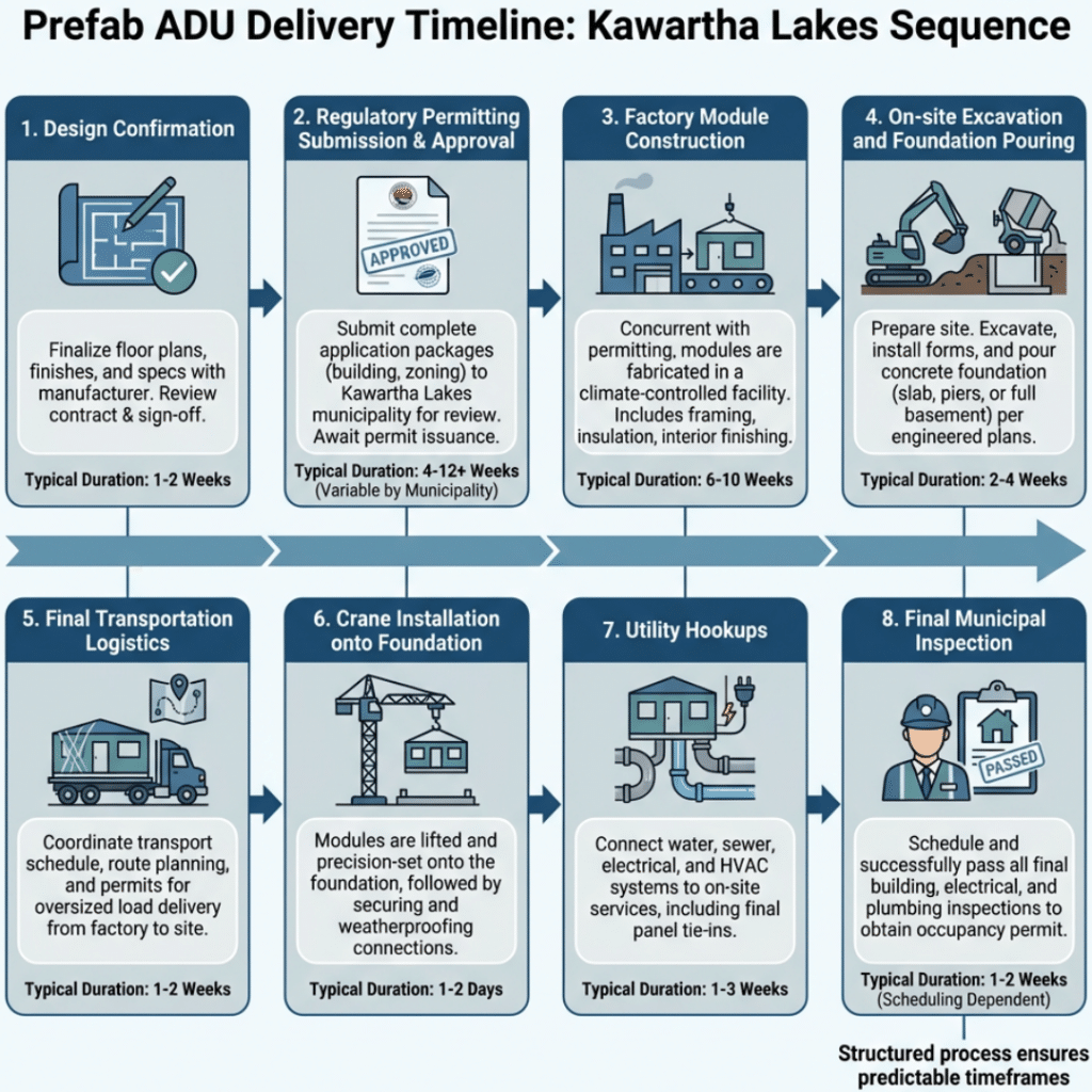 Prefab ADU timeline Kawartha Lakes showing stages from order and permitting through factory build, delivery, installation, and final inspection