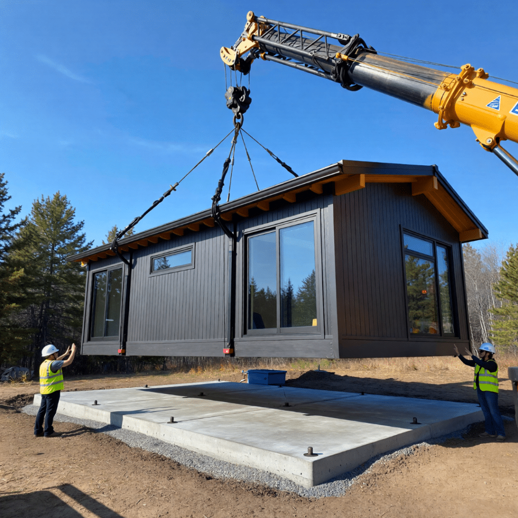 Prefab ADUs for sale in Kawartha Lakes being delivered and installed on a prepared foundation, showing faster timelines than traditional construction