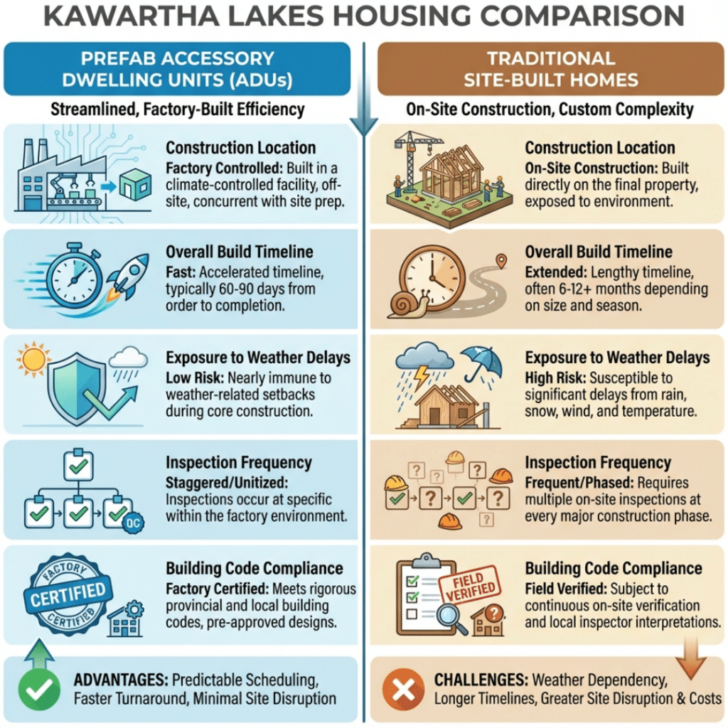Prefab ADUs Kawartha Lakes compared to traditional site-built homes, showing faster timelines, factory construction, and Ontario building code compliance