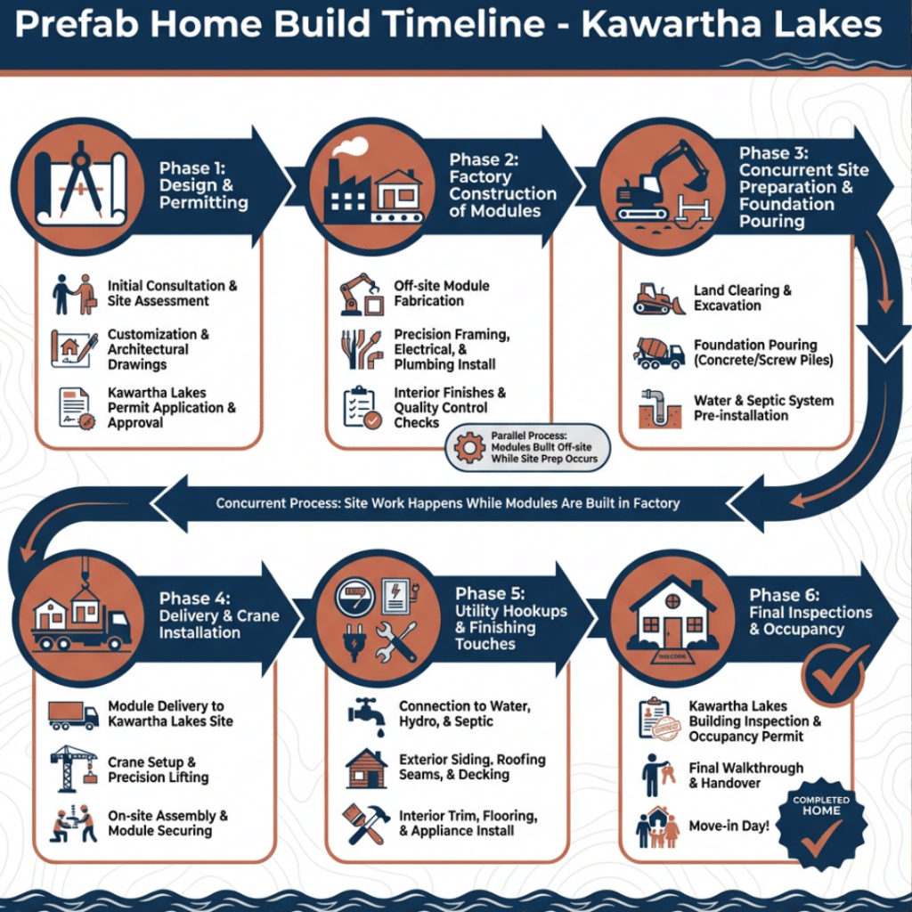 Prefab Home Build Timeline in Kawartha Lakes showing the main build phases from design to final inspections