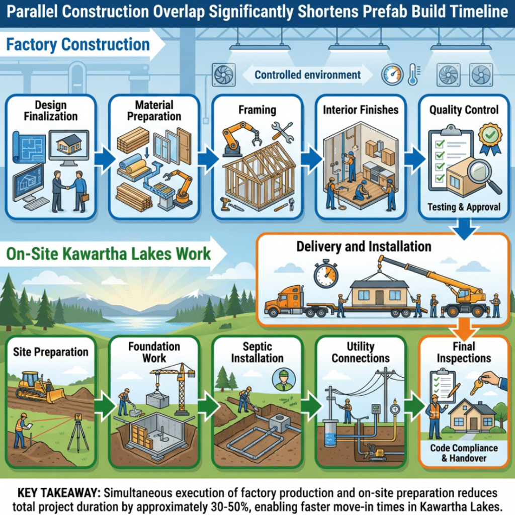 Prefab Home Build Timeline in Kawartha Lakes showing factory construction and on-site work happening in parallel