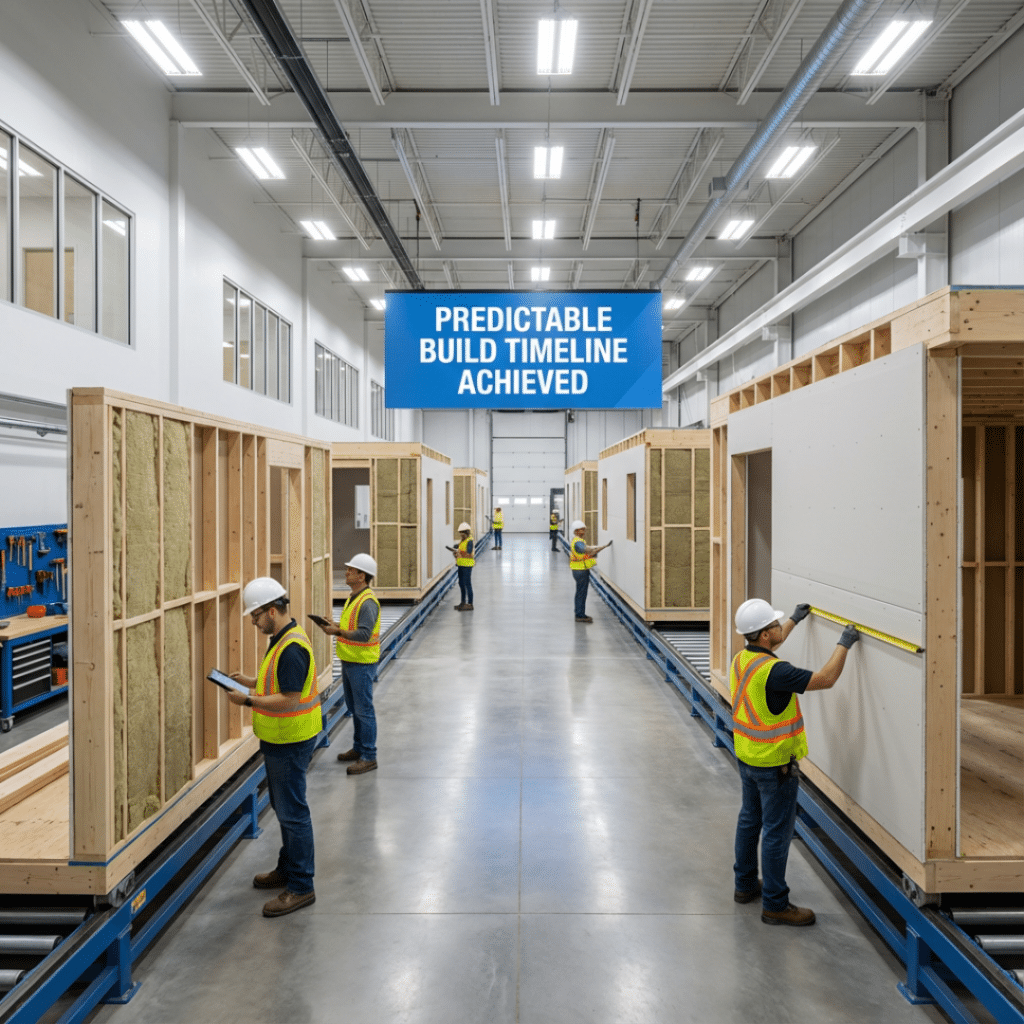 Prefab Home Build Timeline in Kawartha Lakes showing factory construction in a controlled indoor environment