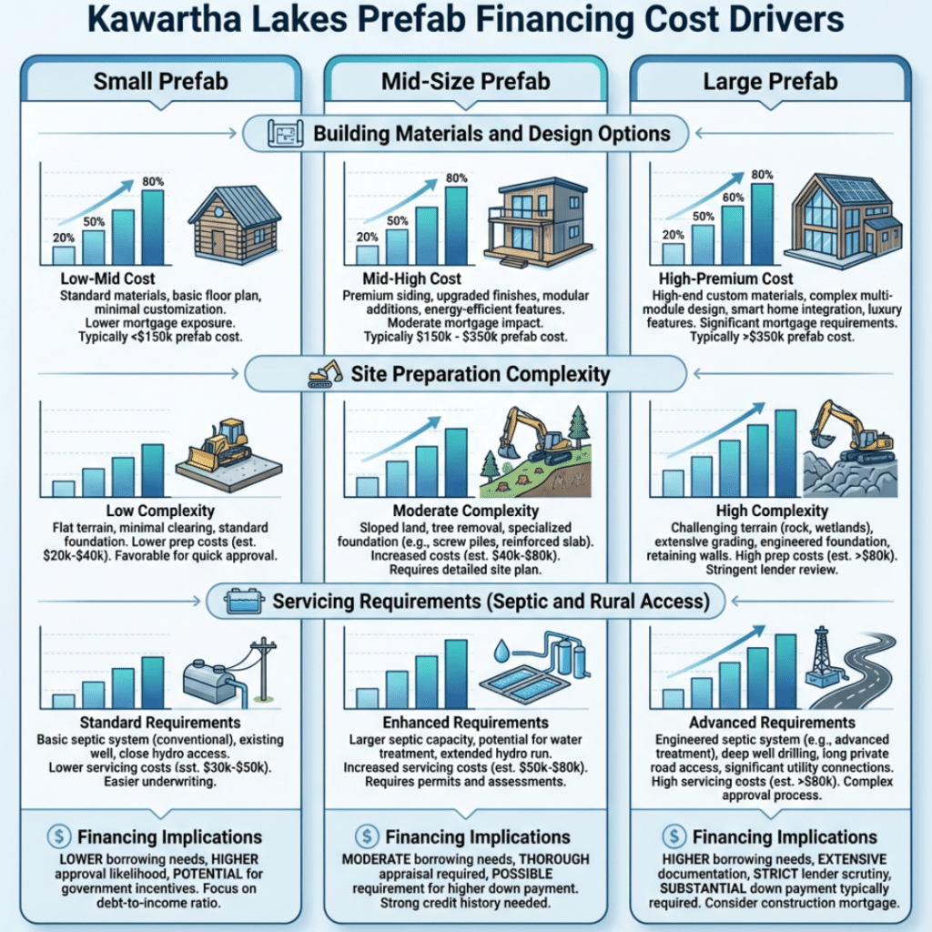 Prefab home financing costs in Kawartha Lakes showing how size, design options, and site conditions affect total project cost