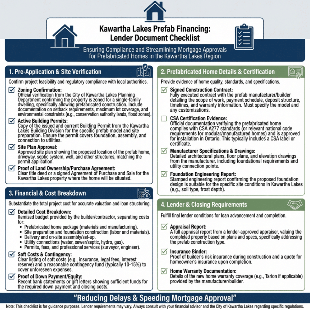 Prefab home financing documentation checklist in Kawartha Lakes showing permits, construction contracts, and lender-required documents