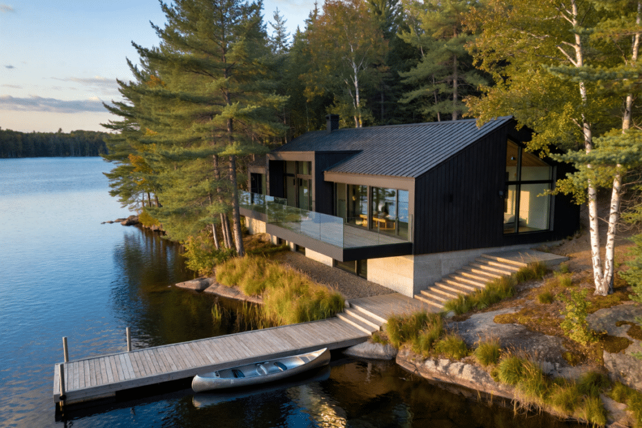 Prefab home financing in Kawartha Lakes illustrated by a modern prefab home on a permanent foundation with lake-adjacent rural surroundings