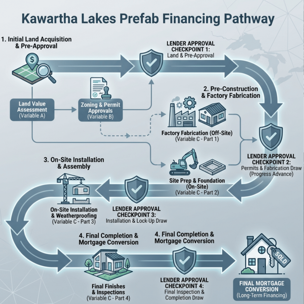 Prefab home financing in Kawartha Lakes showing land value, construction stages, and lender approval steps in a construction mortgage process