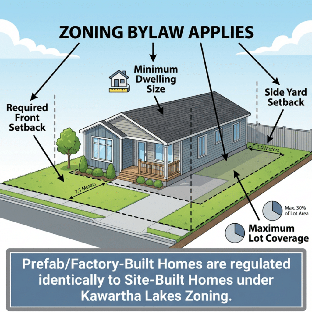 Residential zoning rules affecting prefab homes in Kawartha Lakes, showing lot boundaries, setbacks, and permitted residential use