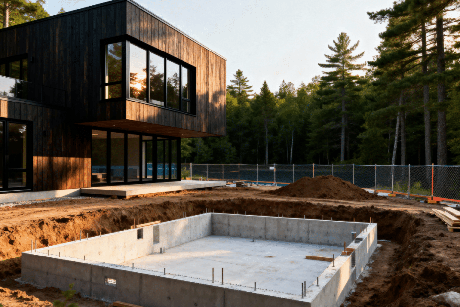 Prefab home in Kawartha Lakes on a rural lot showing zoning-compliant foundation and new home construction