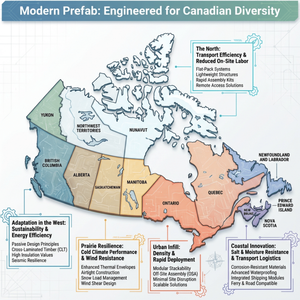 Regional experience anchors showing how modern Canadian prefab homes adapt to climate, geography, and housing needs across Canada
