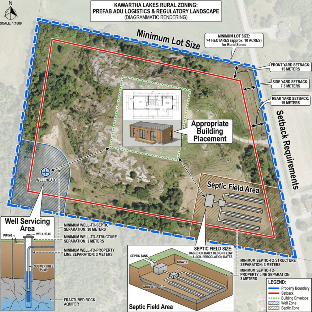Rural zoning considerations for prefab ADUs in Kawartha Lakes, showing lot size, setbacks, servicing areas, and building placement