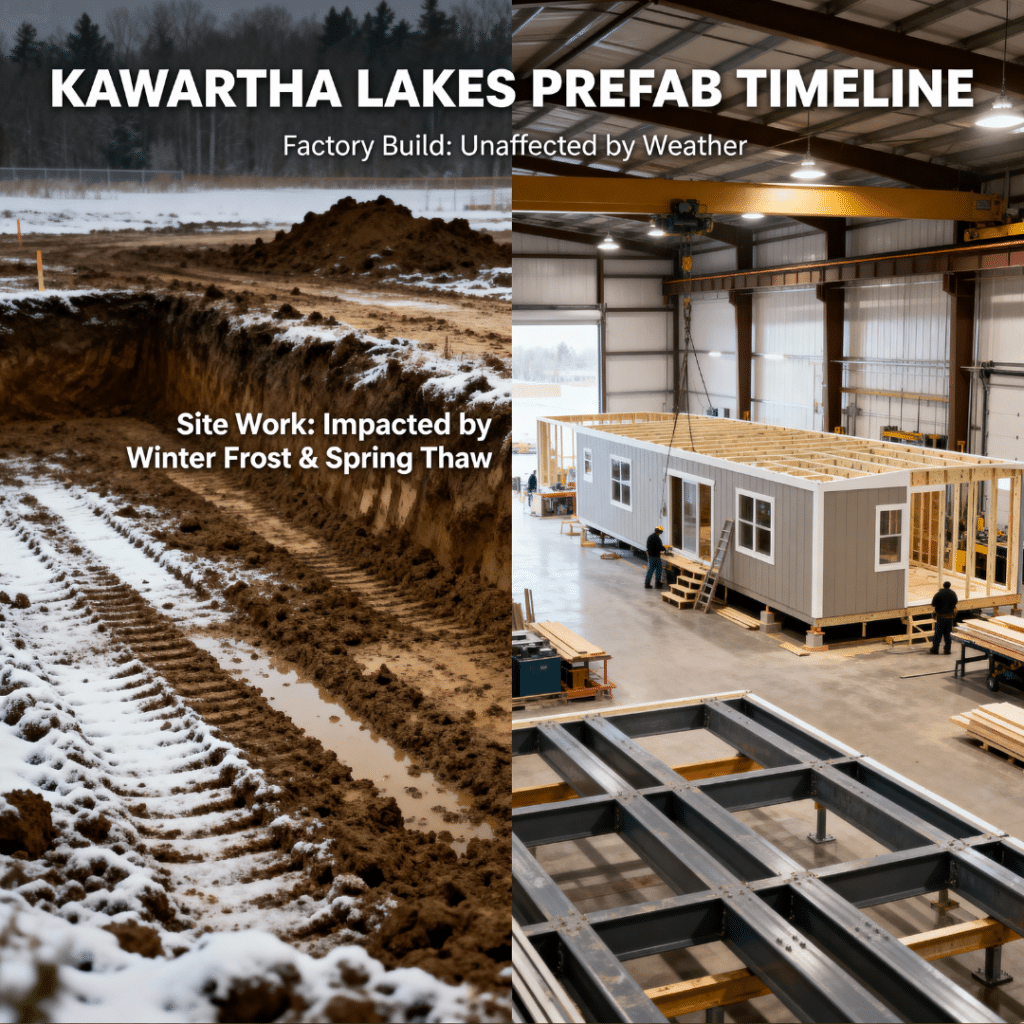 Prefab Home Build Timeline in Kawartha Lakes showing winter and seasonal weather conditions affecting site construction