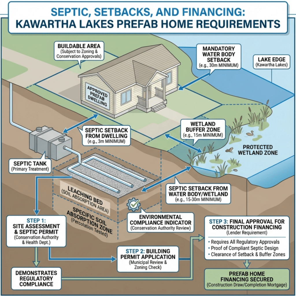 Septic approvals and conservation authority requirements for prefab home financing in Kawartha Lakes showing regulated setbacks and site compliance