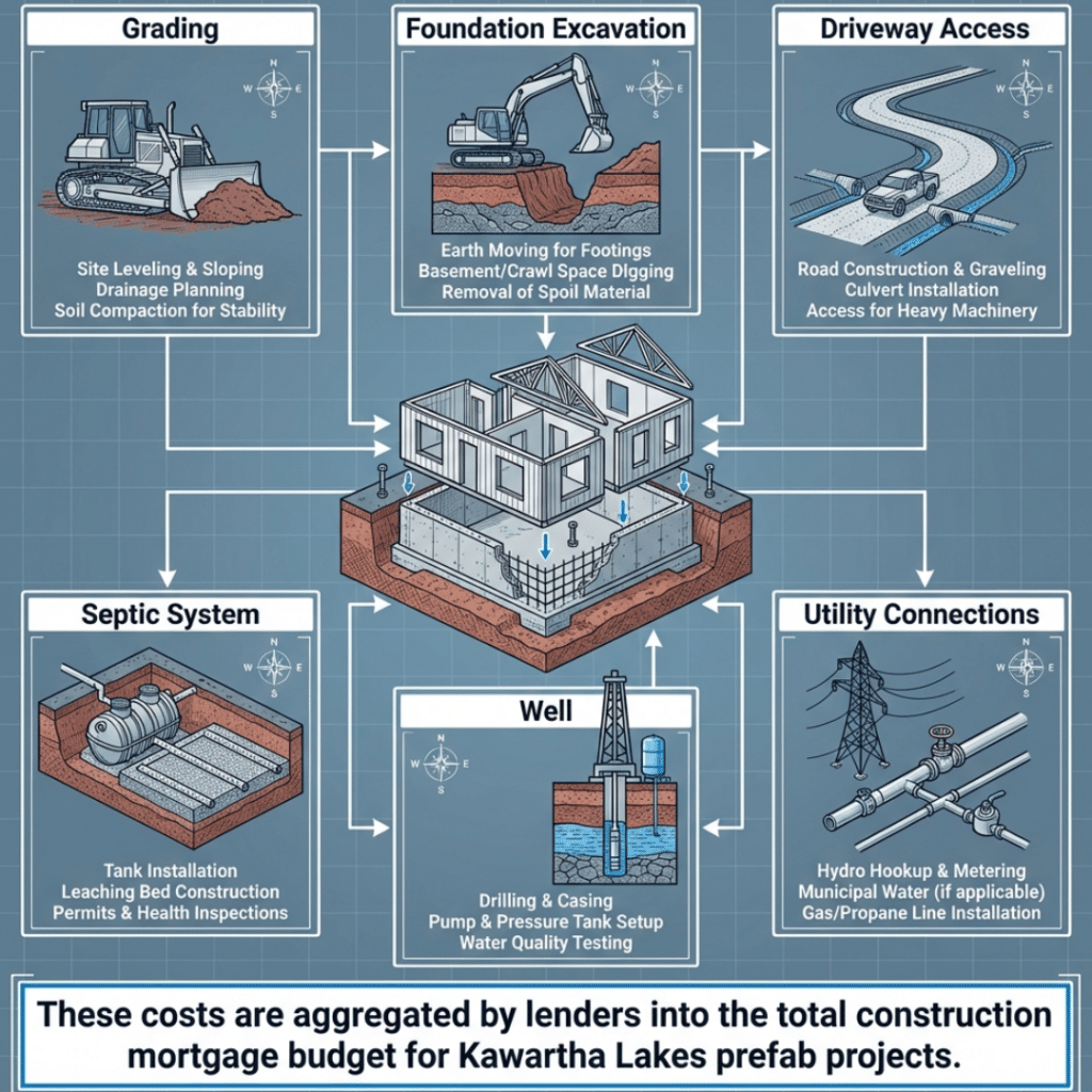 Site preparation and servicing costs for prefab home financing in Kawartha Lakes, including septic systems, driveway access, and utility connections