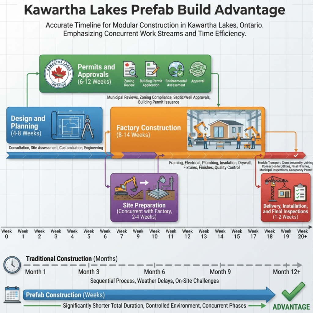 Typical Prefab Home Build Timeline in Kawartha Lakes showing each construction phase from design to final inspections