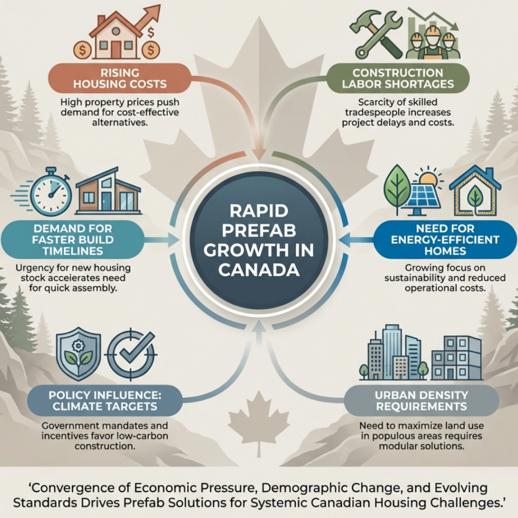 Why modern Canadian prefab homes are growing in Canada, showing housing demand, affordability pressures, and energy-efficient construction factors