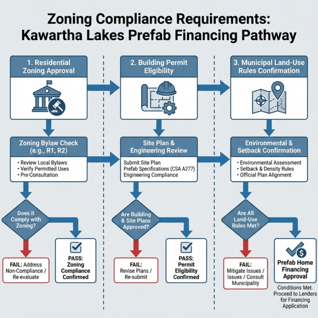 Zoning compliance map for prefab home financing in Kawartha Lakes showing residential land approval required before mortgage financing