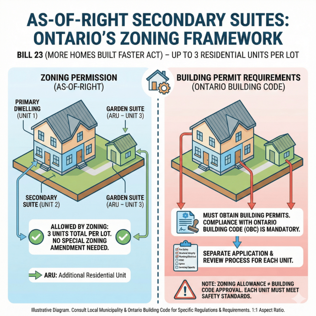 Diagram showing up to three as-of-right secondary suites in Ontario with two units in main dwelling and one garden suite