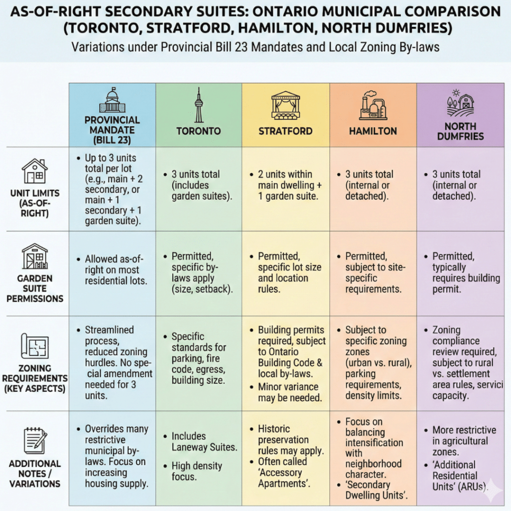 Comparison chart of as-of-right secondary suites rules across Ontario municipalities including Toronto, Stratford, Hamilton, and North Dumfries