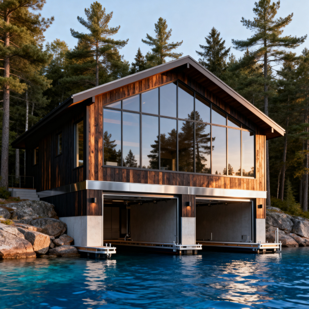 Completed estate-scale two-slip boathouse construction in Muskoka featuring modern glass façade, marine-grade structure, and open-water shoreline setting