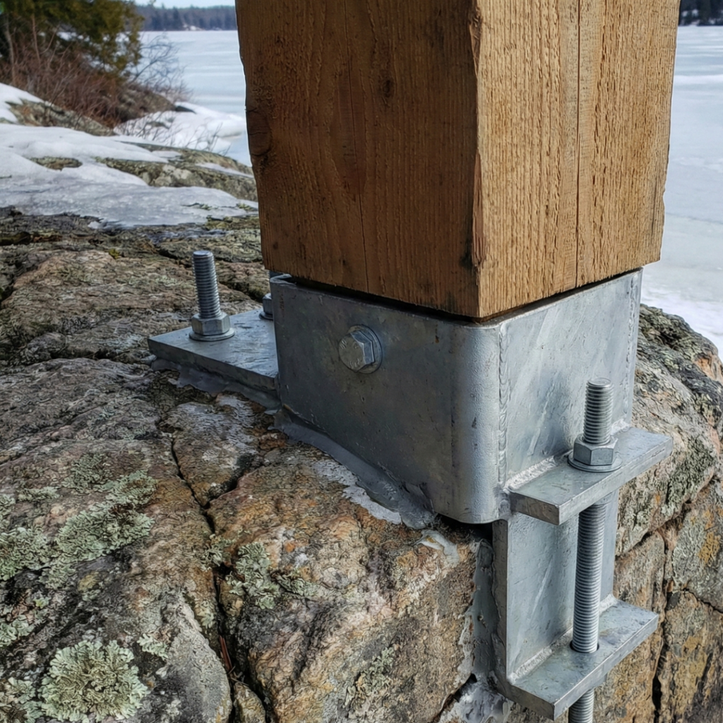 Boathouse construction Muskoka foundation anchored into exposed granite shoreline on the Canadian Shield