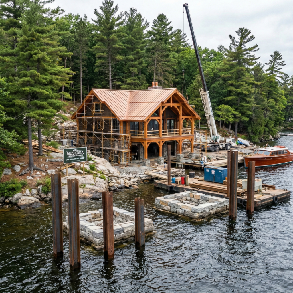 Boathouse construction Muskoka estate-scale structure on Lake Rosseau engineered for open-water exposure and wake conditions