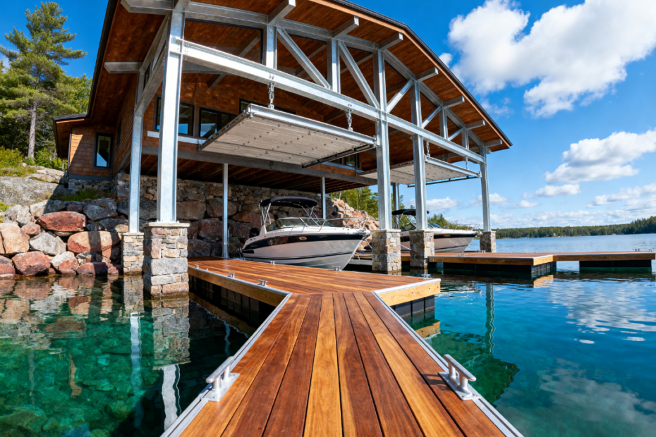 Luxury two-slip boathouse construction in Muskoka built on granite shoreline with integrated dock system