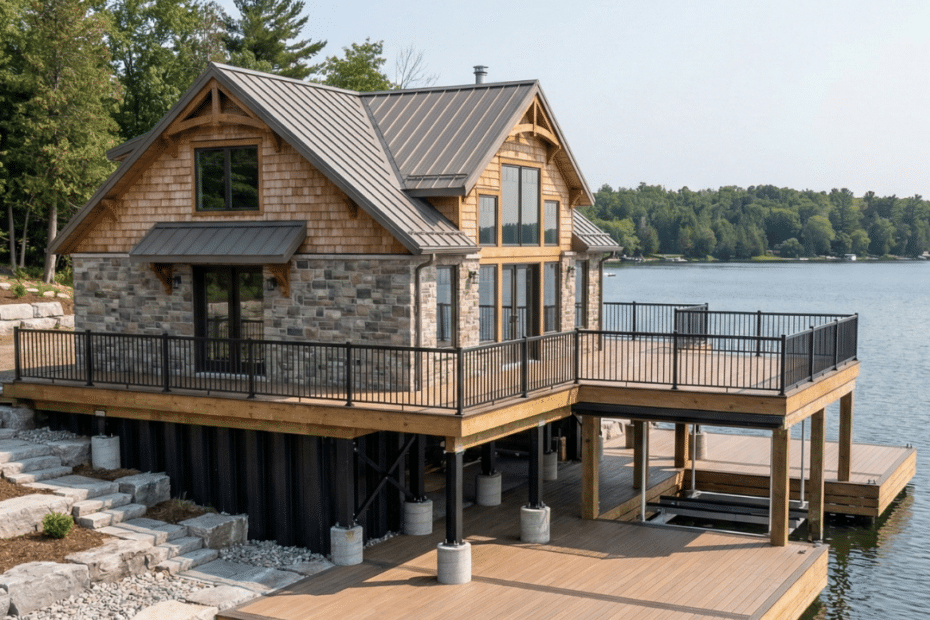 Boathouse and dock construction in Orillia featuring an engineered waterfront boathouse with integrated permanent dock system along Lake Simcoe shoreline.