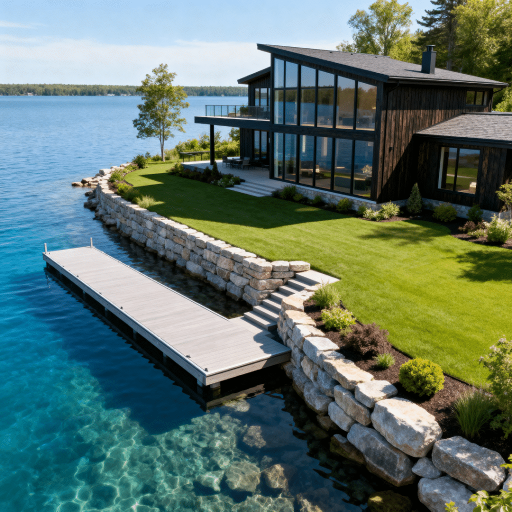Boathouse and dock construction in Orillia featuring integrated waterfront design with coordinated cottage architecture, permanent dock system, and engineered shoreline grading near Lake Simcoe.