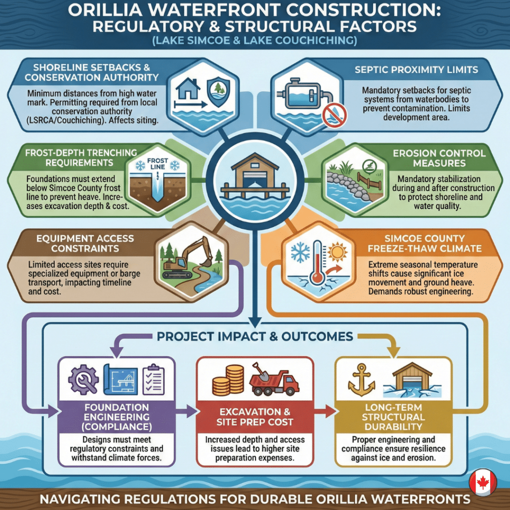 Boathouse and dock construction in Orillia infographic showing waterfront regulations, shoreline setbacks, septic proximity, and structural engineering requirements near Lake Simcoe.