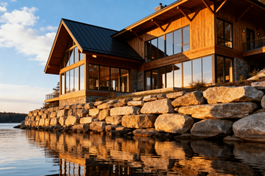 Bracebridge custom home builders completed riverfront residence along the Muskoka River featuring structured granite shoreline integration and four-season roofline design.