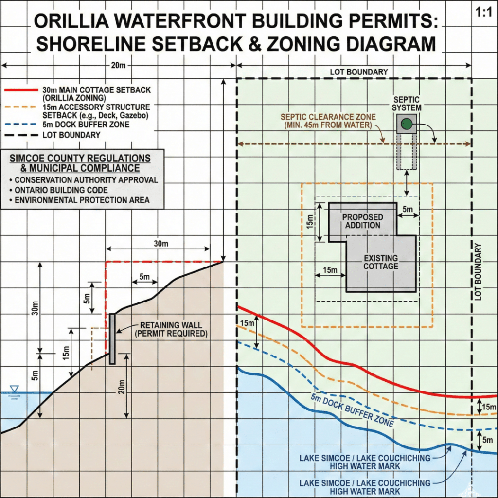 Building permits Orillia shoreline setback diagram showing lot boundary, required water setback line, septic clearance zone, and Lake Simcoe waterline buffer under local zoning regulations.