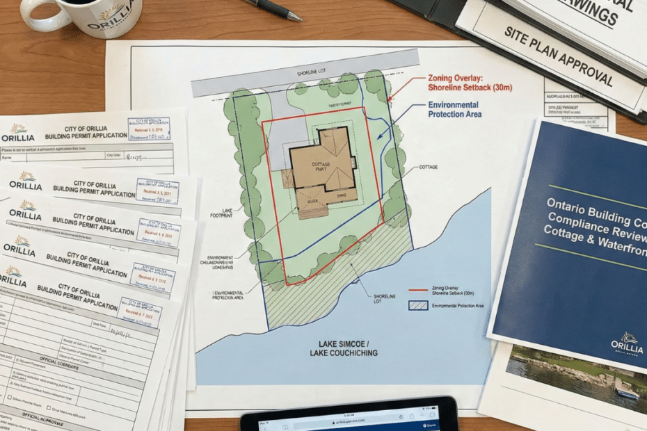 Building permits Orillia site plan and zoning review showing architectural drawings, setback markings, municipal permit documents, and Ontario Building Code compliance paperwork.