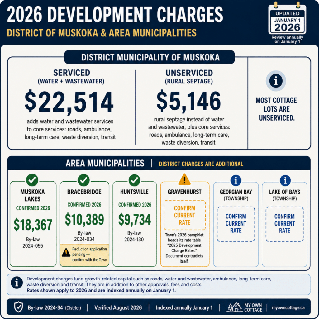 Cost to build a cottage in Muskoka: 2026 District and area municipality development charges, including serviced and unserviced rates.