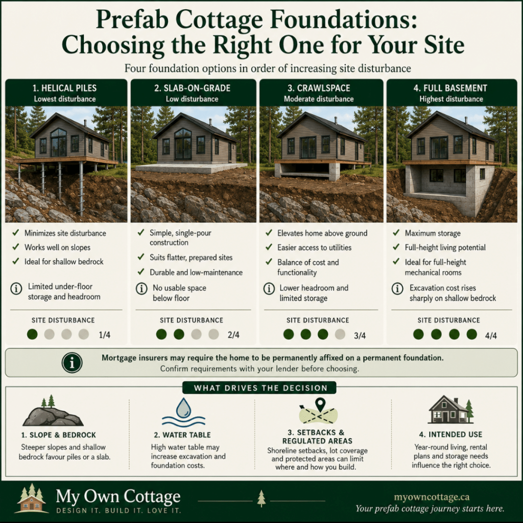 Cost to build a cottage in Muskoka foundation options showing helical piles, slab-on-grade, crawlspace and full basement by site disturbance.