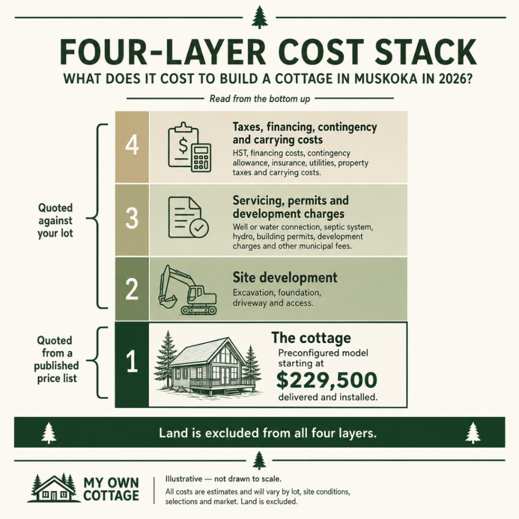 Cost to build a cottage in Muskoka shown as four layers: cottage starting at $229,500 delivered and installed, site development, servicing and permits, and carrying costs.