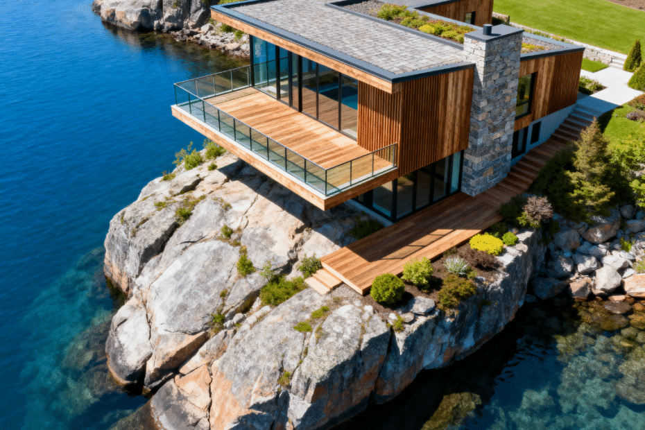 Luxury waterfront estate cottage in Muskoka built on granite shoreline, illustrating 2026 construction cost level and engineering quality.
