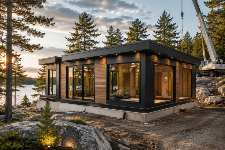 Prefab cottage under construction on a rocky Muskoka lot, with a crane, exposed foundation, unfinished interior and modern wood-and-charcoal exterior