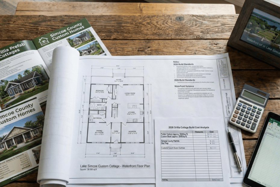Cottage construction costs in Orillia planning desk with blueprints, calculator, and waterfront home floor plans for 2026 budgeting.