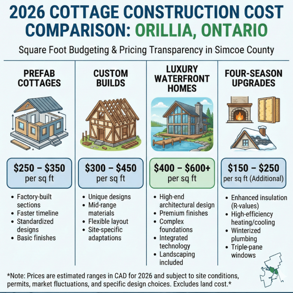 Cottage construction costs in Orillia comparison chart showing prefab, custom, luxury waterfront, and four-season upgrade pricing per square foot for 2026.
