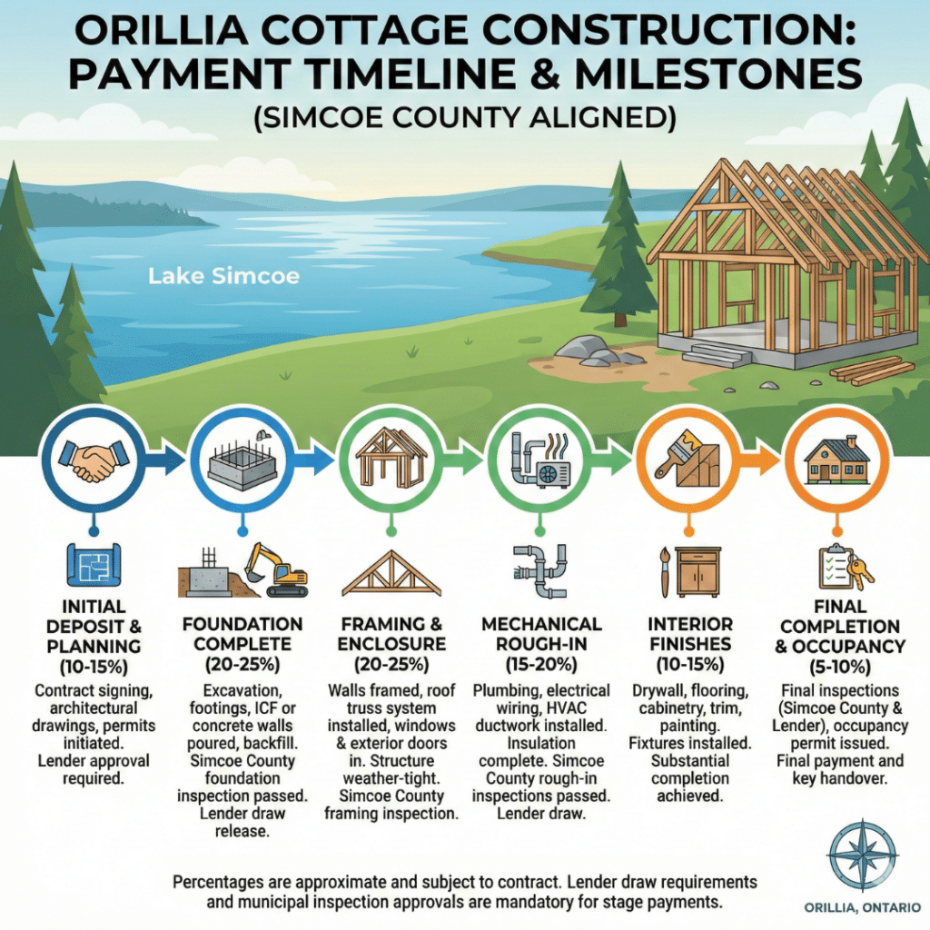 Cottage construction costs in Orillia payment timeline infographic showing deposit, foundation, framing, mechanical, and completion stages aligned with lender draw schedules.