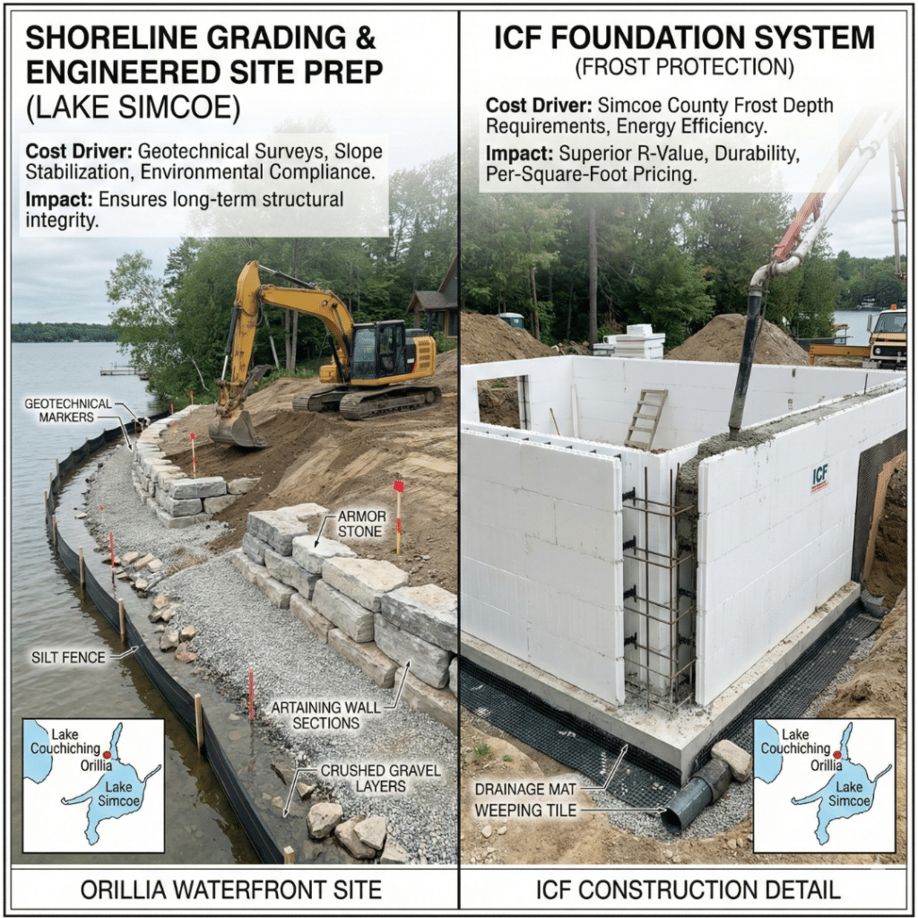 Cottage construction costs in Orillia illustrated through waterfront site preparation and ICF foundation systems in Simcoe County.