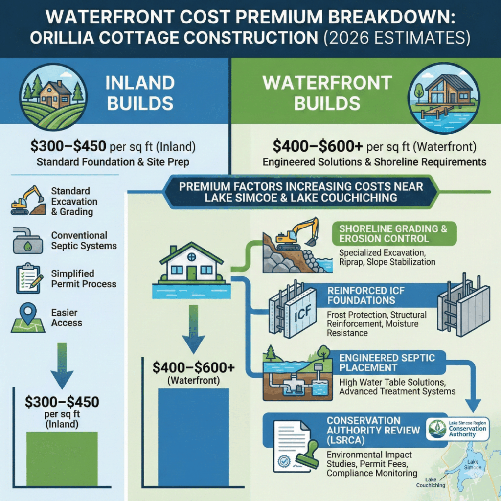 Cottage construction costs in Orillia waterfront cost delta infographic comparing inland builds ($300–$450 per sq ft) to engineered waterfront builds ($400–$600+ per sq ft).