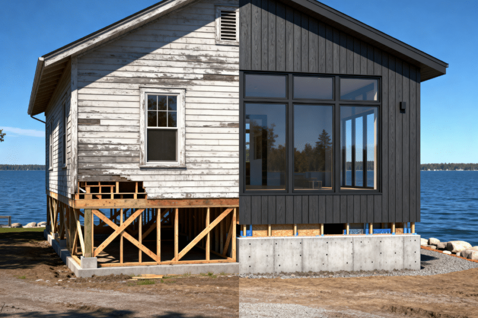 Cottage renovations and additions in Orillia showing before and after structural upgrade converting a seasonal waterfront cottage into a modern four-season home near Lake Simcoe.